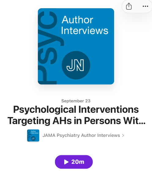 JAMAPsych's tweet photo. Targeted psychological interventions for #AuditoryHallucinations in #PsychoticDisorders were associated with small reductions in hallucination severity, frequency, and distress.

🎧 Learn more in this podcast: https://t.co/bWLInJOaA9 https://t.co/HkAIOXMrrF