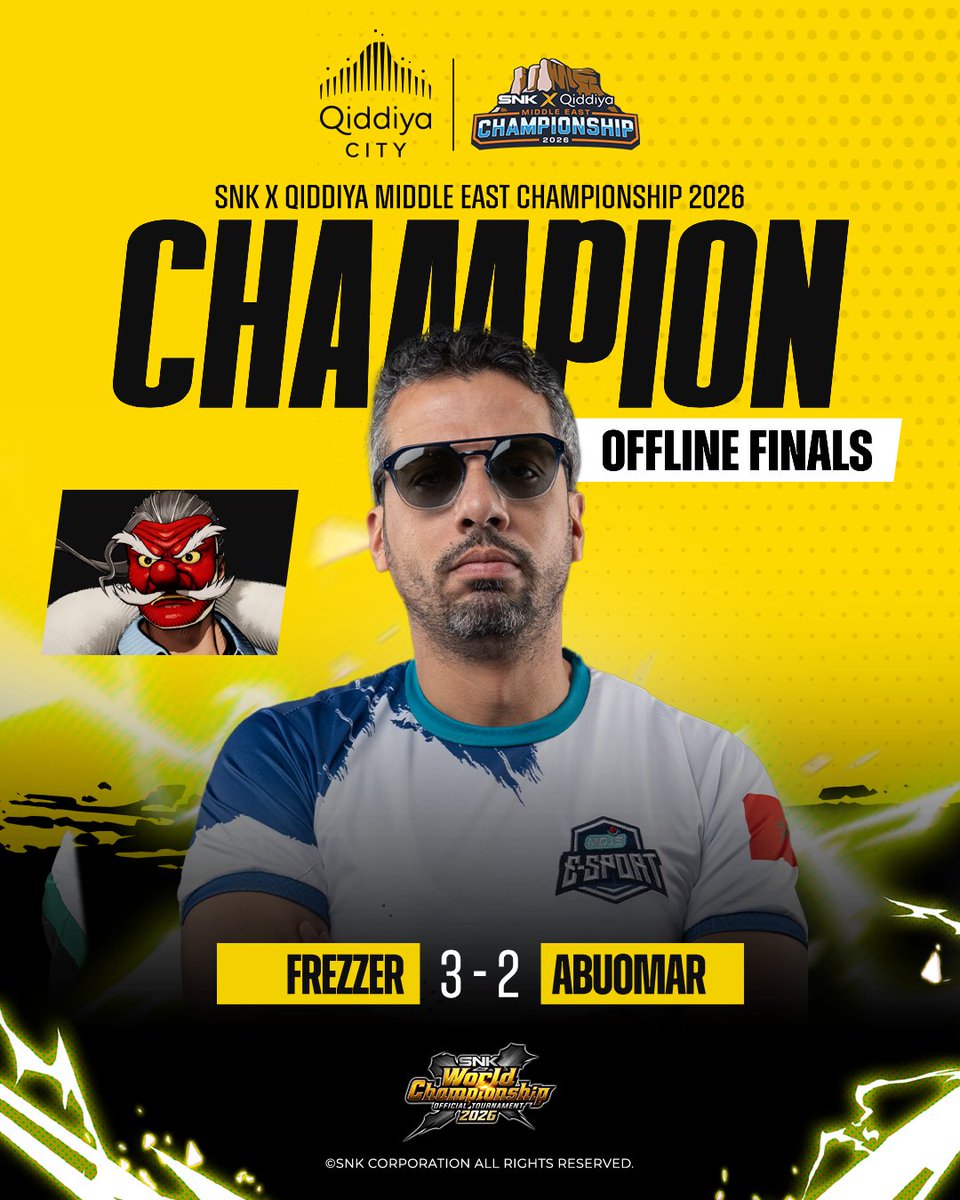 snk_esports_hub's tweet photo. Congratulations to @FRZ1X, champion of the SNK x Qiddiya Middle East Championship 2026 Finals! 🏆
With the victory, @FRZ1X punches his ticket to #SWC2026! 🎟️
Catch more Championship moments from @QiddiyaGaming!
#FatalFury #CotW #QiddiyaCity https://t.co/LqTEl8gtGM