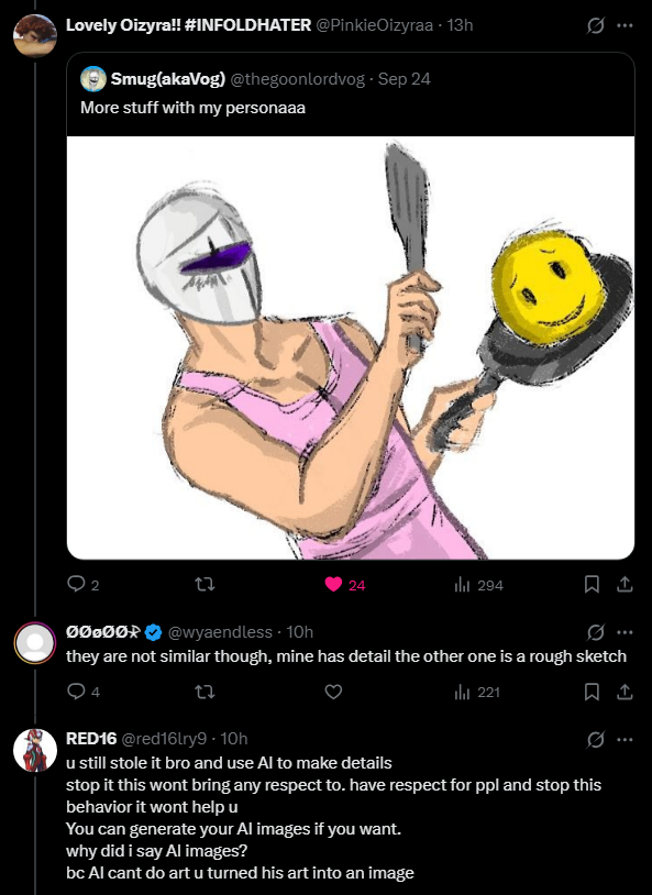 Starfall_vt_'s tweet photo. AI "Artists": we can finally create all the art we want to make since so many years, we won't run other people's art through AI

Also AI "artists": running another persons sketch through AI isn't stealing their work, it's inspiration

Touch some grass, idiots https://t.co/YwKjRAKpEq