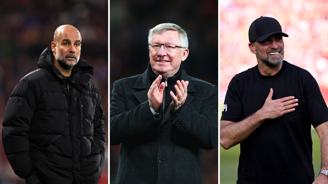 pythaginboots's tweet photo. Sir Alex Ferguson the de facto 🐐 manager of the Premier League. 

The world is healing again.

Klopp deserves to be remembered as his heir… imo the second greatest EPL manager ever.

#manchesterunited #mancity #liverpool https://t.co/g1idiKda8H