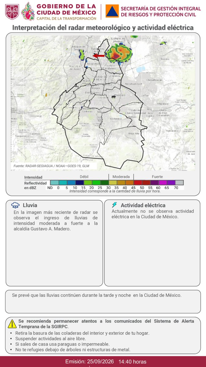 SGIRPC_CDMX's tweet photo. 🌧 Se observa el ingreso de #lluvias de intensidad moderada a fuerte a la @TuAlcaldiaGAM.

Se prevé que las lluvias continúen durante la tarde y noche en la Ciudad de México.

Mantente informado.

#PronósticoDelTiempo #LaPrevenciónEsNuestraFuerza https://t.co/C6lklNOnRj