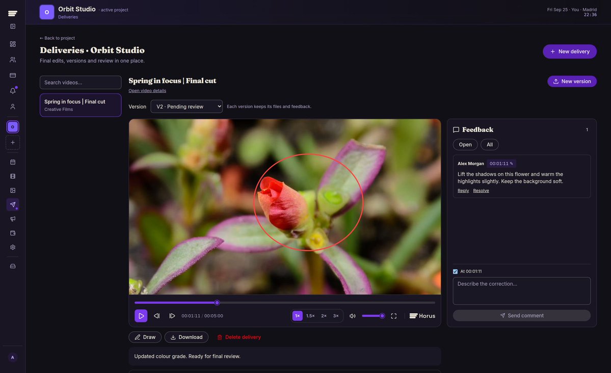 JoinHorusApp's tweet photo. 5/ Feedback belongs on the cut, not buried in chat.

Deliveries keeps versions, comments and approvals together. On Pro+, review Horus-hosted videos frame by frame, leave timestamped notes and draw on the image.

Review decisions sync with the Planner. https://t.co/PLUnkMvfFx