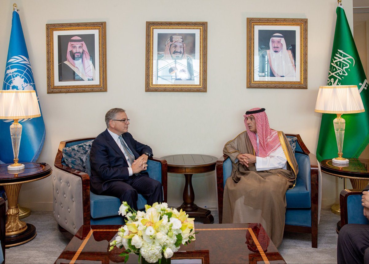 KSAmofaEN's tweet photo. #NewYork | Minister of State for Foreign Affairs, Member of the Council of Ministers, Climate Envoy, and Commissioner General of Expo 2030 Riyadh H.E. @AdelAljubeir met with U.S. Assistant Secretary of State for Near Eastern Affairs, Ambassador Donald Blome on the sidelines of the High-Level Week of #UNGA81.

#SaudiArabiaAtUN🇸🇦🇺🇳