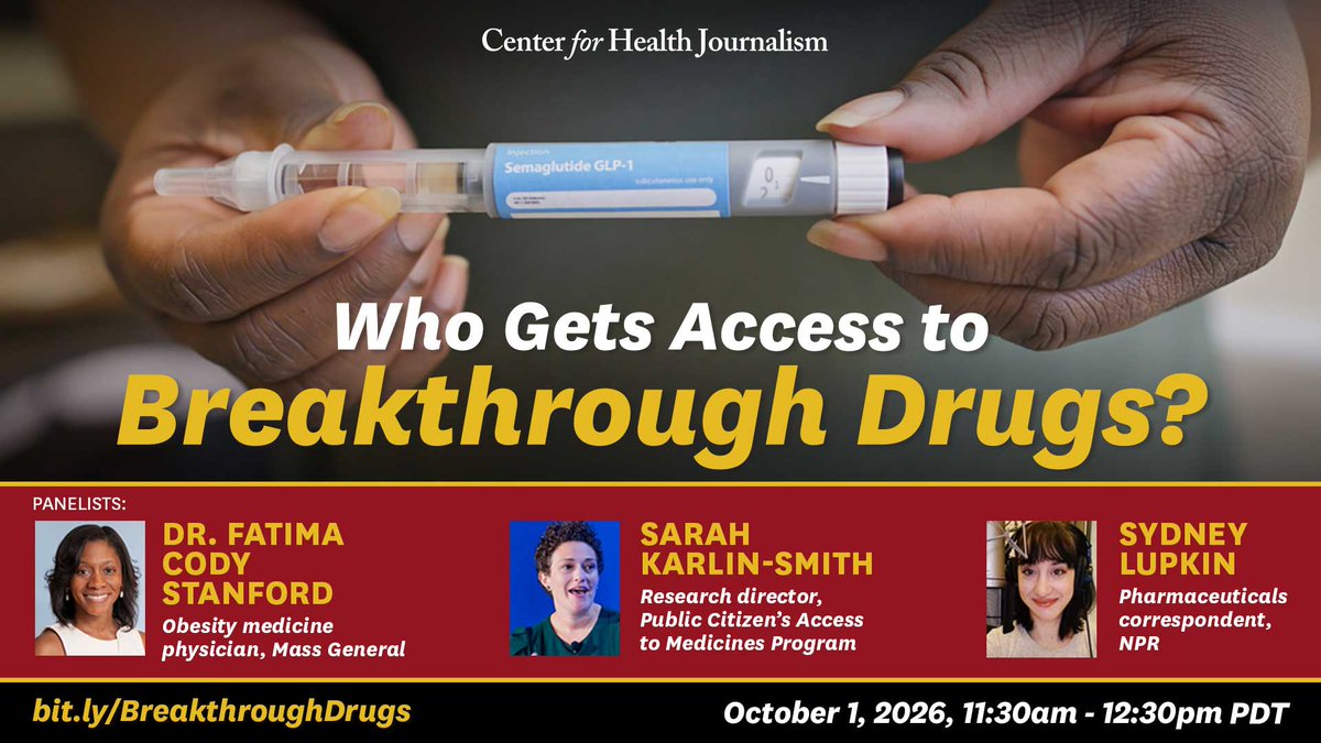 ReportingHealth's tweet photo. Join us for our next free webinar!

💊 𝗪𝗵𝗼 𝗚𝗲𝘁𝘀 𝗔𝗰𝗰𝗲𝘀𝘀 𝘁𝗼 𝗕𝗿𝗲𝗮𝗸𝘁𝗵𝗿𝗼𝘂𝗴𝗵 𝗗𝗿𝘂𝗴𝘀?

🗓️ Thursday, October 1, 2026
🕦 11:30 am PT
🔗 Register: https://t.co/8L3tlTA64O
#ASCJ #HealthReporting #HealthJournalism #GLP1 #Pharmaceuticals https://t.co/0MvRAgJz7x