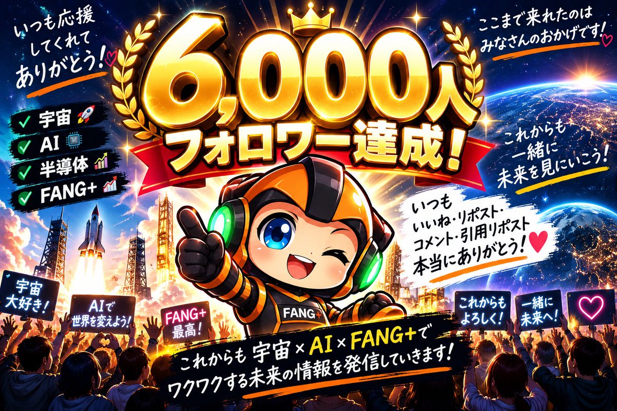 Fang3104_'s tweet photo. 🎉✨ 6,000人達成しました！！ ✨🎉

本当にありがとうございます😭🙏

最初は、ここまでたくさんの方と繋がれるなんて想像していませんでした。

毎日のポストに
いいね❤️
コメント💬
リポスト♻️
そして温かい言葉をくださる皆さん。

一つひとつが続ける力になっています。

僕が発信したいのは、ただ株価が上がった下がっただけじゃない。

🚀 宇宙
🤖 AI
🔥 半導体
📈 FANG+

これから世界を変えていくかもしれない企業や技術を、みんなと一緒に追いかけたい。

投資を通して未来を楽しめる場所にしたい。

6,000人はゴールではなく、まだ通過点🚀

これからも自分らしく、ワクワクする未来を発信していきます！

6,000人のみんな、本当にありがとう！！😊🔥

そしてこれから出会う皆さんも、よろしくお願いします✨

次は7,000人へ。一緒に未来を見に行こう🚀🌎