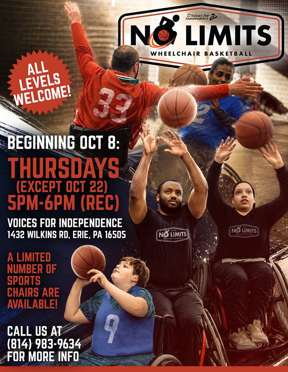 VFICIL's tweet photo. 🏀 Voices for Independence is proud to announce that we will be starting Thursday night NO LIMITS WHEELCHAIR BASKETBALL classes, right here at the VFI Erie office (1432 Wilkins Rd, Erie, PA 16505)!

🗓️ No matter whether you're a beginner or you're a longtime hooper, ALL LEVELS are welcome to attend! Starting on October 8, join us every Thursday (except Oct 22) from 5pm-6pm, where we'll be drilling the basics and playing indoors, right here in our gym.

♿ A limited number of sports chairs will be made available, so don't hesitate-- reach out to Tiff at (814) 983-9634 to learn more and reserve your spot!