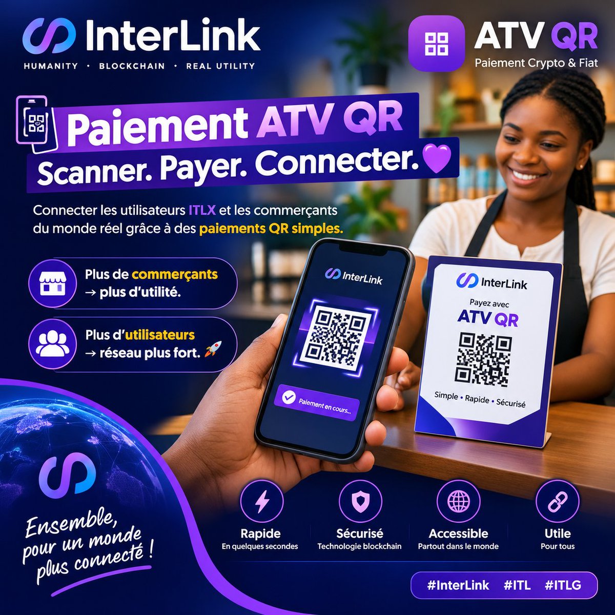 SYLKOUAKOUWEB's tweet photo. 📱💲 Paiement ATV QR — Scanner. Payer. Connecter. 💜

Connecter les utilisateurs ITLX et les commerçants du monde réel grâce à des paiements QR simples.

Plus de commerçants → plus d'utilité.
Plus d'utilisateurs → réseau plus fort. 🚀

#InterLink #ITL #ITLG https://t.co/bAIytXJgc3
