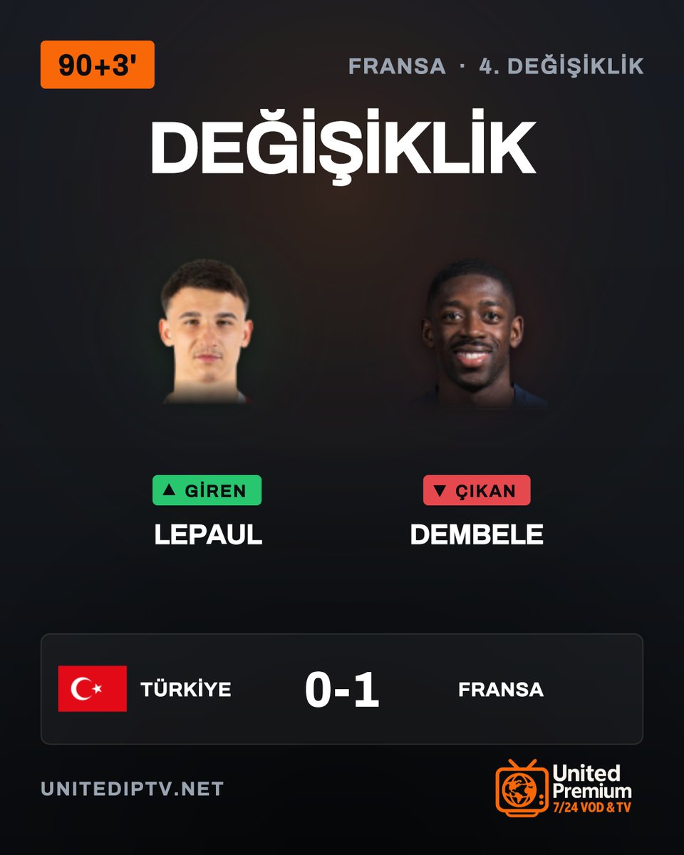 unitediptvnet's tweet photo. 🔄 90+3' DEĞİŞİKLİK | FRANSA
🔺 Giren: ESTEBAN LEPAUL
🔻 Çıkan: OUSMANE DEMBELE
⚽ Türkiye 0-1 Fransa (90+3')
🏆 UEFA Uluslar Ligi - Lig A
#BizimÇocuklar #Fransa #UluslarLigi https://t.co/iUMymbMl32