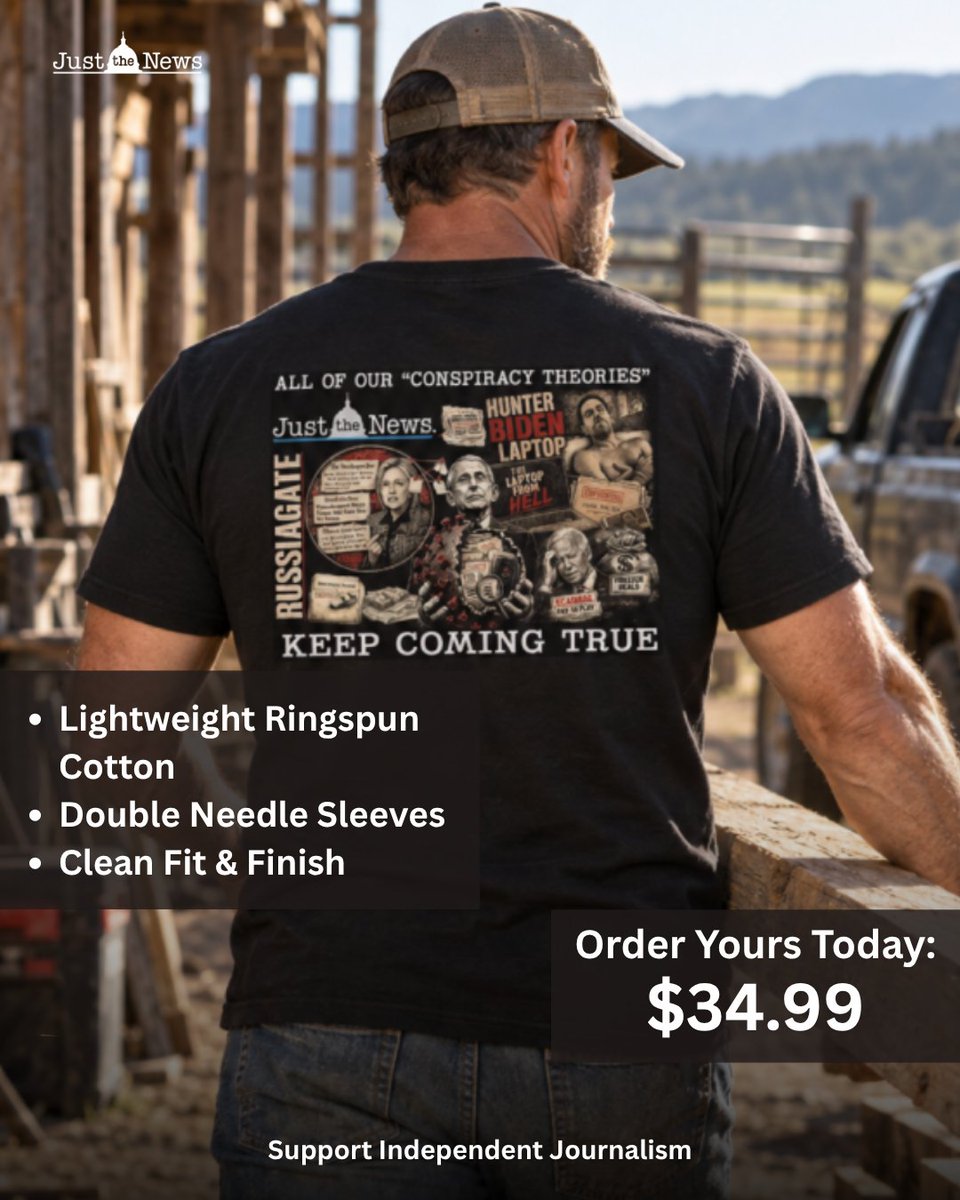 jsolomonReports's tweet photo. They called them conspiracy theories. Then the facts came out.

Wear the conversation with the Just the Network Conspiracy Theories T-Shirt. Featuring a  JTN logo on the front and a vibrant investigative-news collage on the back. Made from lightweight, comfortable 100% ring-spun cotton.

Buy today: https://t.co/o26UxErBeA