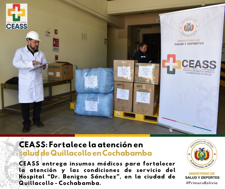 CeassBolivia's tweet photo. 𝗖𝗘𝗔𝗦𝗦 realizó la entrega de equipamiento y suministros al 𝗛𝗼𝘀𝗽𝗶𝘁𝗮𝗹 ❞𝗗𝗿. 𝗕𝗲𝗻𝗶𝗴𝗻𝗼 𝗦𝗮́𝗻𝗰𝗵𝗲𝘇❞ 𝗱𝗲 𝗤𝘂𝗶𝗹𝗹𝗮𝗰𝗼𝗹𝗹𝗼, contribuyendo al fortalecimiento de sus servicios y a una mejor atención para la población. https://t.co/NHuVloXSYa