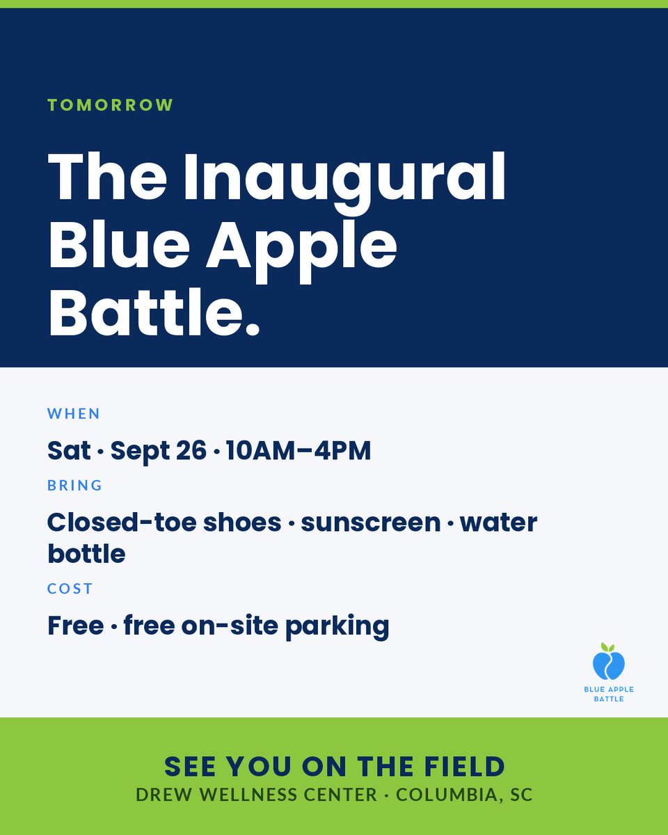 BlueAppleBattle's tweet photo. 🚨 TOMORROW 🚨

Inaugural Blue Apple Battle
📅 Sat, Sept 26 · 10AM–4PM
📍 Drew Wellness Center, Columbia SC
👥 Ages 9-14 · FREE · free parking

👟 Closed-toe shoes · 🧴 sunscreen · 🚰 water bottle

Not registered? Come anyway.

See you on the field. 🍏

#BattleDay https://t.co/UEb0tn4z6K