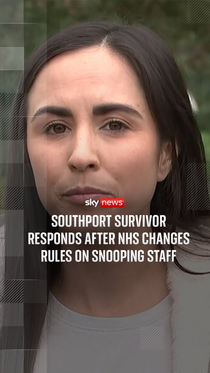 Sky News vertical video thumbnail showing a woman with dark hair alongside the headline 'SOUTHPORT SURVIVOR RESPONDS AFTER NHS CHANGES RULES ON SNOOPING STAFF'.