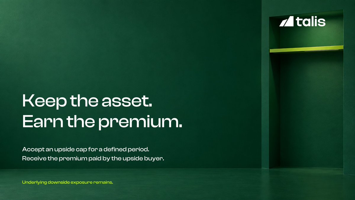 usetalis's tweet photo. For asset holders, TALIS creates a way to earn premium without selling the underlying asset outright.

Accept a defined upside cap for a set period.
Receive the premium paid by the upside buyer.

The underlying downside exposure remains. https://t.co/eiH2QkAGXR