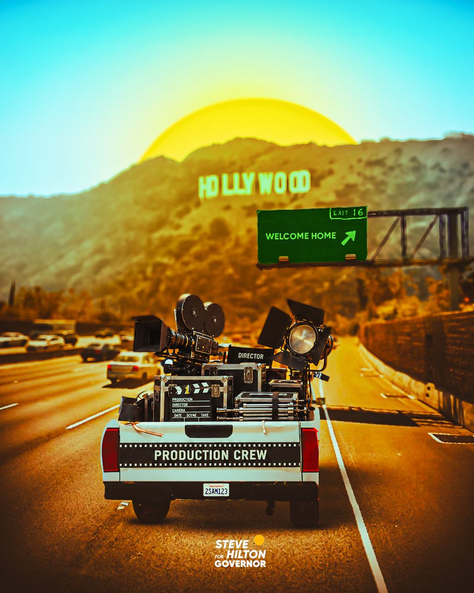 SteveHiltonx's tweet photo. The lights are going out in Hollywood.

51,000 film and TV jobs GONE in just three years. Camera operators. Electricians. Caterers. Not movie stars. REAL working-class jobs!

As governor, I'll give California the most competitive film tax incentive ANYWHERE.

California invented the entertainment business. It’s time we Bring Hollywood Home!