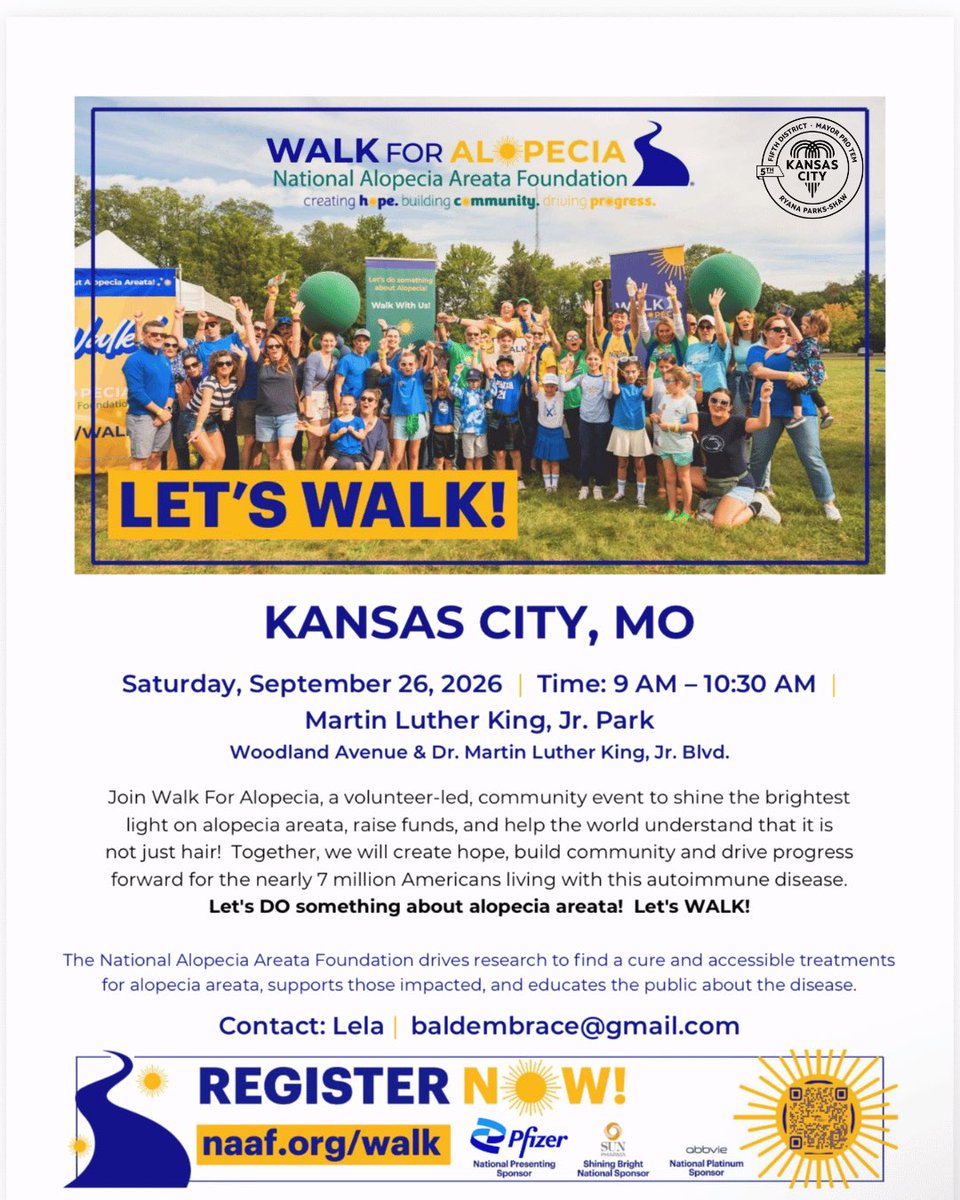 ryanapshaw's tweet photo. Kansas City, let’s walk together! 💙 

Join the Walk for Alopecia this Saturday as we raise awareness and support those impacted by alopecia areata.

📅 Sept. 26 | 9–10:30 AM 📍 Martin Luther King, Jr. Park

#WalkForAlopecia #KansasCity https://t.co/0gmk1wJS0Y