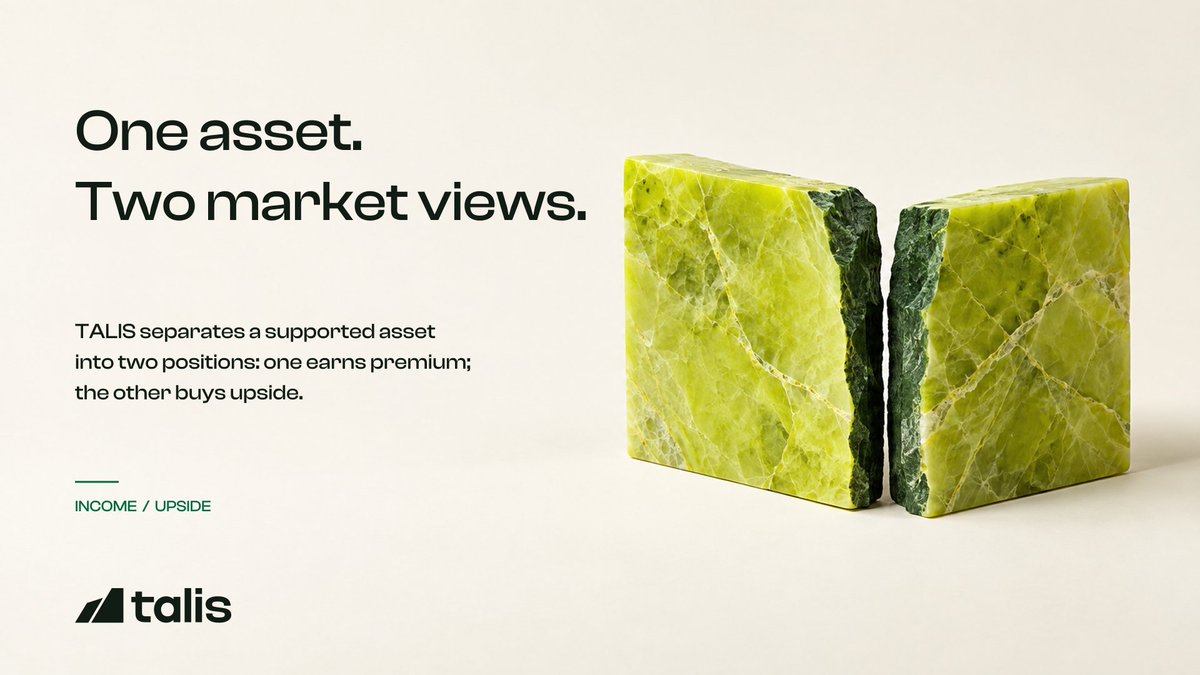 usetalis's tweet photo. TALIS separates a supported asset into two positions.

One side earns premium.
The other buys concentrated upside exposure.

The underlying asset remains locked to back settlement.

Structured markets, onchain.

Built on Robinhood Chain. https://t.co/2gI1lauYLN