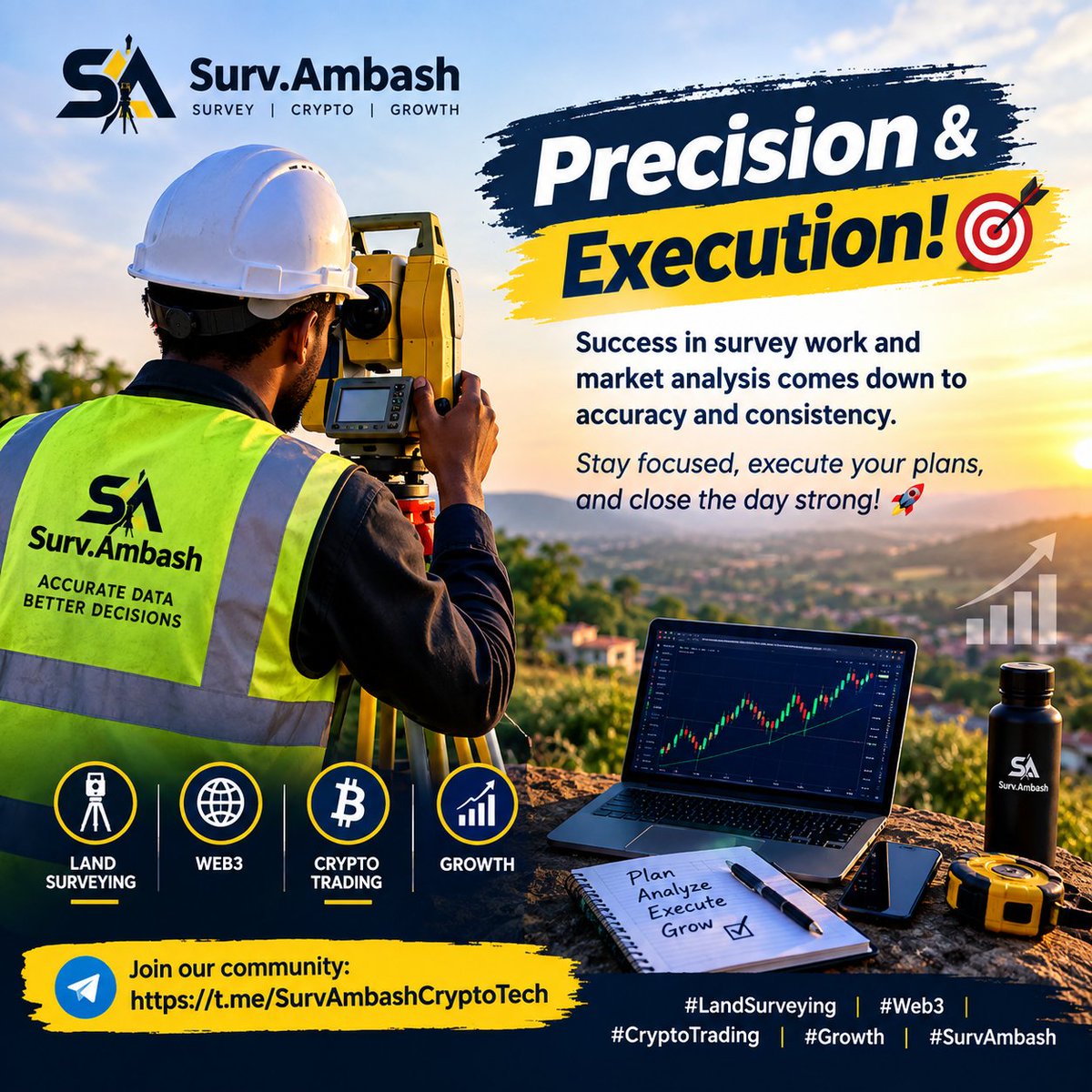 AMB_Ambash's tweet photo. Precision &amp; Execution! 🎯📐
​Success in survey work and market analysis comes down to accuracy and consistency. Stay focused, execute your plans, and close the day strong! 🚀
​🌐 Join our community: https://t.co/SQdSiv2nMq
​#LandSurveying #Web3 #CryptoTrading #Growth #SurvAmbash https://t.co/7Z3ZIpbdOt