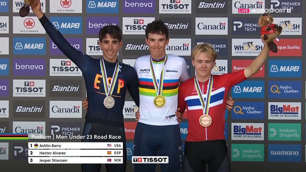 torresolimpico's tweet photo. 🥇para USA y COLOMBIA nada que ver, nada de nada❌

Ashlin Barry (Team Visma), de 19 años, es el nuevo campeón mundial Sub-23 de ruta.

Y COLOMBIA que? nada de nada, nada para destacar. Cero disculpas.

El mejor, Juan Diego Quintero (INEOS Racing Academy) a 3:44 en el 43👇🏻 https://t.co/6EoirtOa3k