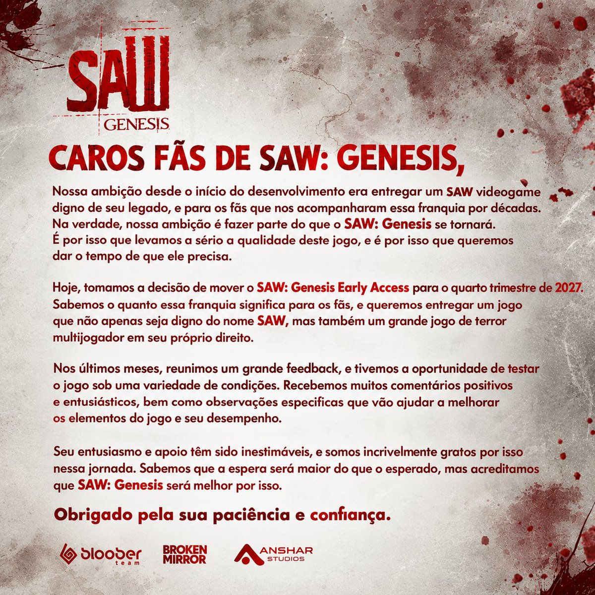 DavidNewsGames's tweet photo. SAW: GENESIS será lançado em acesso antecipado no 1° trimestre de 2027.
Os desenvolvedores garantem foco total na qualidade: "Queremos dar ao jogo o tempo de que ele precisa para honrar o legado da franquia."
#SAW #SAWGenesis #sawgame #Jigsaw #horror #survivalhorror #Lionsgate https://t.co/RMzdXnUFj3