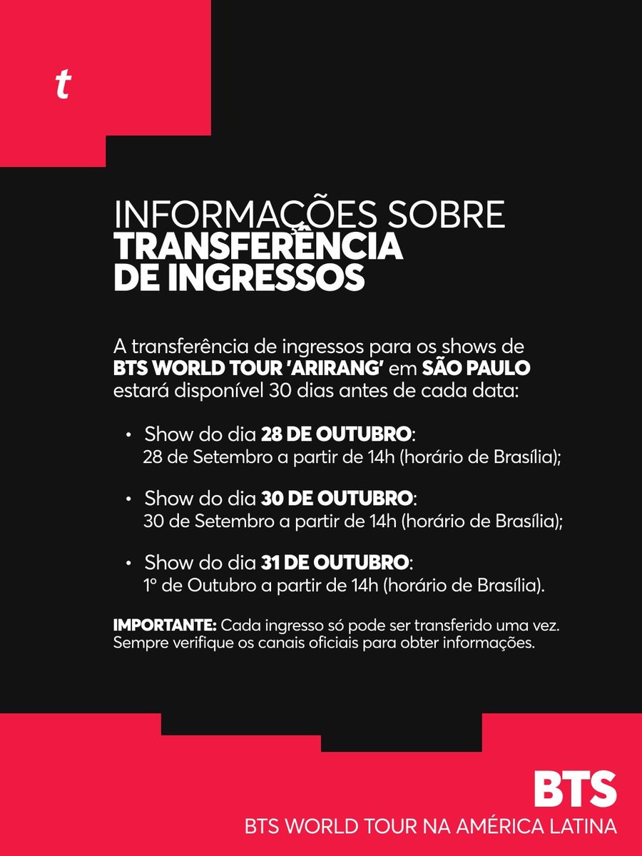 BTSxBRAZIL's tweet photo. 🎟 A ticketmaster publicou as informações sobre transferência de ingressos, ativação do ingresso no quentro e o soundcheck!

🔗 (https://t.co/XNa0RUF0zo)

#BTS_WORLDTOUR_ARIRANG  #BTS_WORLDTOUR_ARIRANG_SAOPAULO https://t.co/vEkVFcrtsT