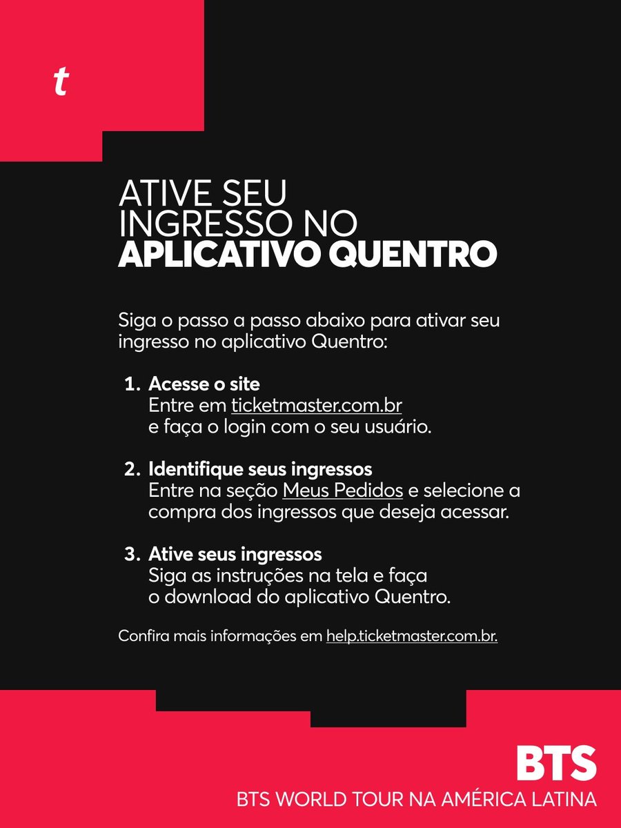 BTSxBRAZIL's tweet photo. 🎟 A ticketmaster publicou as informações sobre transferência de ingressos, ativação do ingresso no quentro e o soundcheck!

🔗 (https://t.co/XNa0RUF0zo)

#BTS_WORLDTOUR_ARIRANG  #BTS_WORLDTOUR_ARIRANG_SAOPAULO https://t.co/vEkVFcrtsT