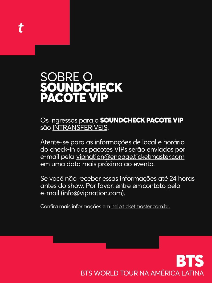 BTSxBRAZIL's tweet photo. 🎟 A ticketmaster publicou as informações sobre transferência de ingressos, ativação do ingresso no quentro e o soundcheck!

🔗 (https://t.co/XNa0RUF0zo)

#BTS_WORLDTOUR_ARIRANG  #BTS_WORLDTOUR_ARIRANG_SAOPAULO https://t.co/vEkVFcrtsT