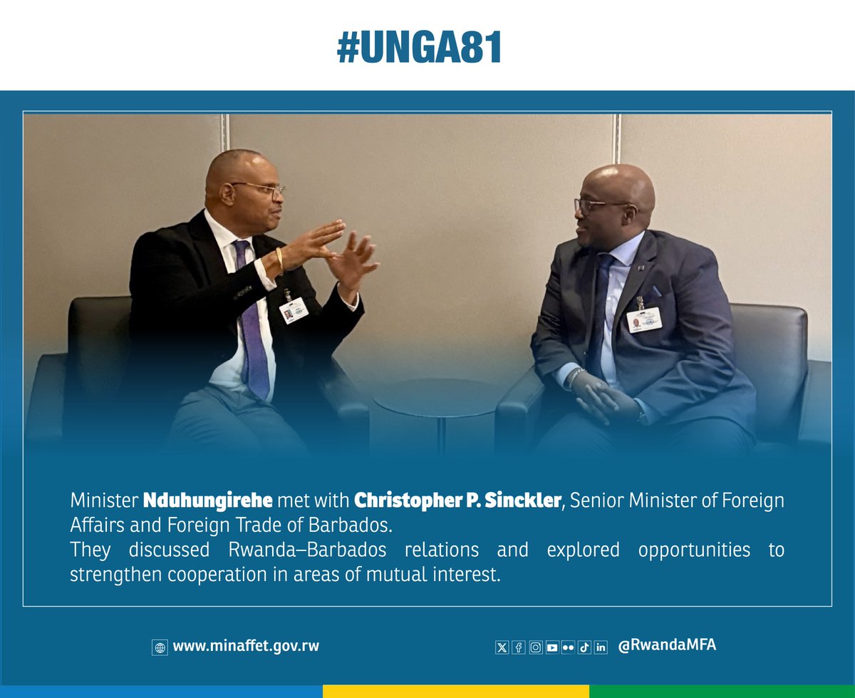 RwandaMFA's tweet photo. On the margins of #UNGA81, Minister @onduhungirehe held bilateral meetings with:

▶️Amb. Adonia Ayebare, Uganda’s Minister of Foreign Affairs🇺🇬
▶️Hon. Christopher P. Sinckler, Senior Minister of Foreign Affairs and Foreign Trade of Barbados🇧🇧
▶️USG Chaloka Beyani, Special Adviser on the Prevention of Genocide🇺🇳