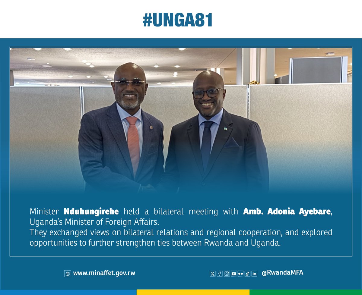 RwandaMFA's tweet photo. On the margins of #UNGA81, Minister @onduhungirehe held bilateral meetings with:

▶️Amb. Adonia Ayebare, Uganda’s Minister of Foreign Affairs🇺🇬
▶️Hon. Christopher P. Sinckler, Senior Minister of Foreign Affairs and Foreign Trade of Barbados🇧🇧
▶️USG Chaloka Beyani, Special Adviser on the Prevention of Genocide🇺🇳