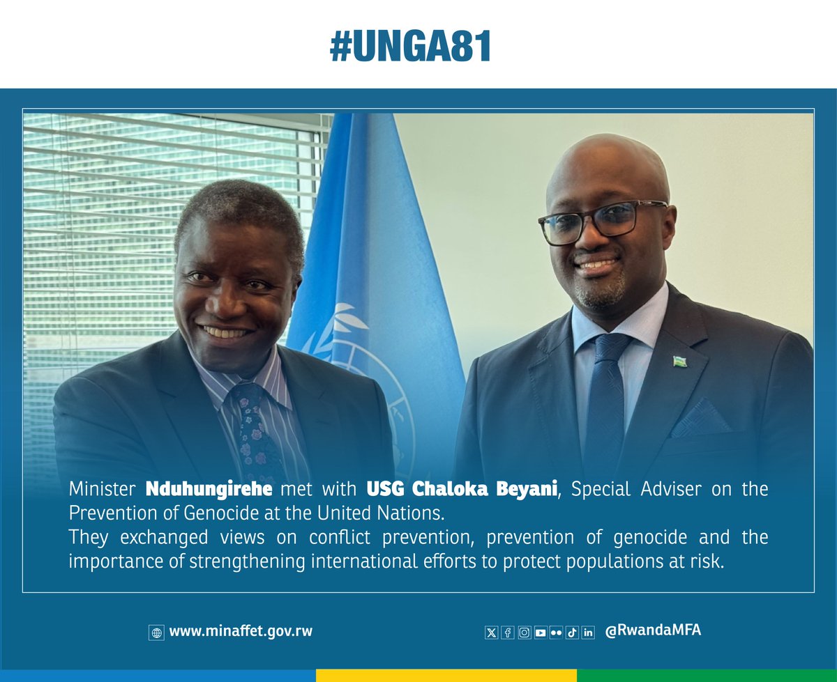 RwandaMFA's tweet photo. On the margins of #UNGA81, Minister @onduhungirehe held bilateral meetings with:

▶️Amb. Adonia Ayebare, Uganda’s Minister of Foreign Affairs🇺🇬
▶️Hon. Christopher P. Sinckler, Senior Minister of Foreign Affairs and Foreign Trade of Barbados🇧🇧
▶️USG Chaloka Beyani, Special Adviser on the Prevention of Genocide🇺🇳