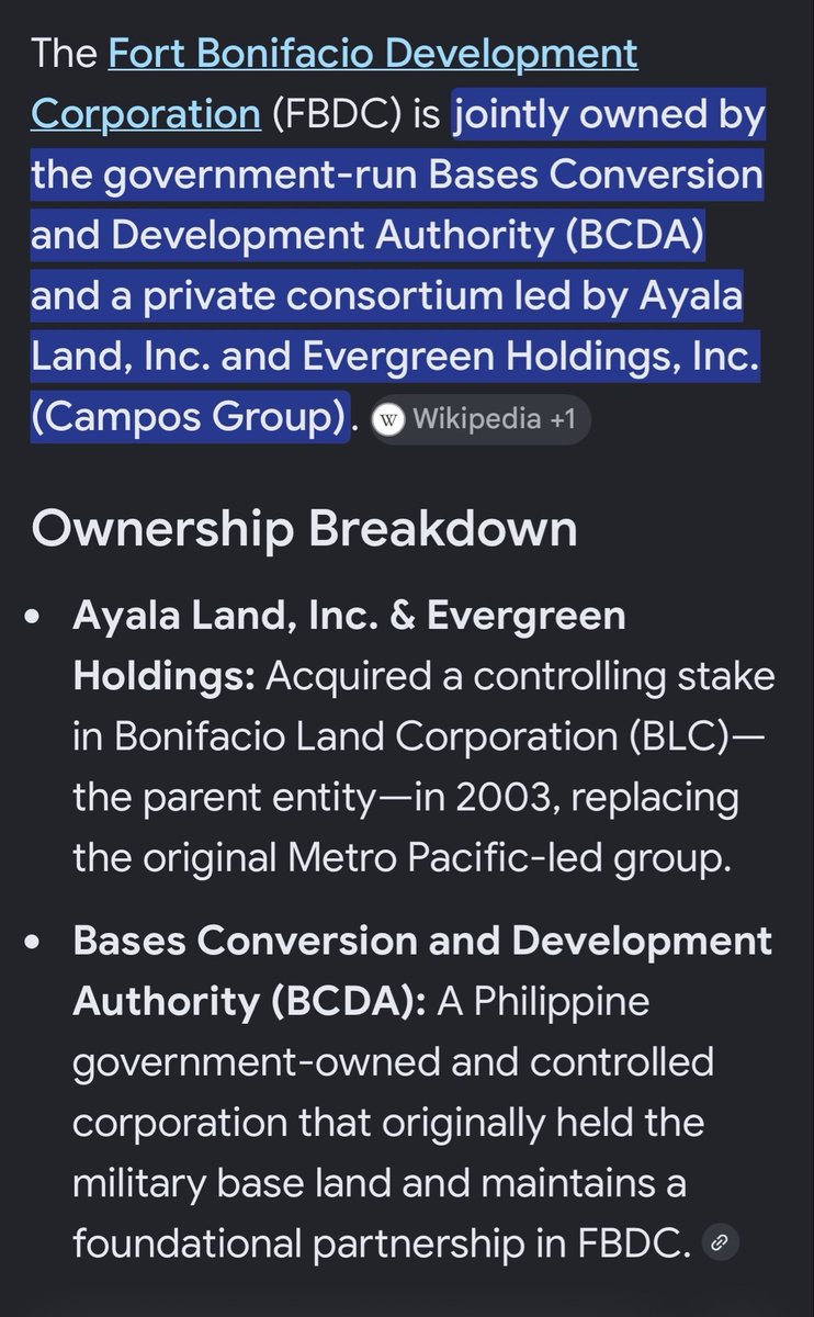ToniSpeakEasy's tweet photo. Also googled Fort Bonifacio Development Corporation (the company responsible for BGC)
And this came up

Kumikita lang ang Taguig city government sa taxes galing sa BGC pero hindi sila ang nag develop ng BGC

May sarili ring security ang BGC na privately funded https://t.co/p7N8V6dZmh