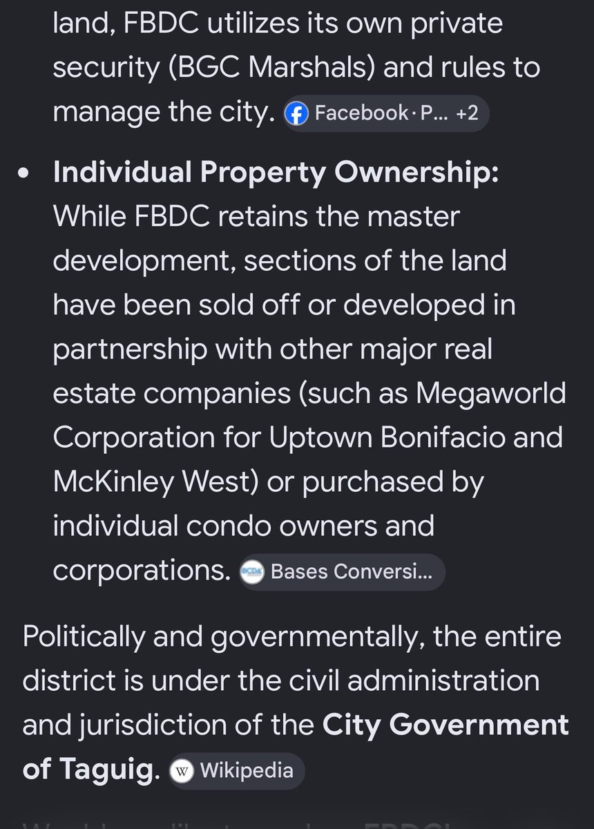 ToniSpeakEasy's tweet photo. Also googled Fort Bonifacio Development Corporation (the company responsible for BGC)
And this came up

Kumikita lang ang Taguig city government sa taxes galing sa BGC pero hindi sila ang nag develop ng BGC

May sarili ring security ang BGC na privately funded https://t.co/p7N8V6dZmh