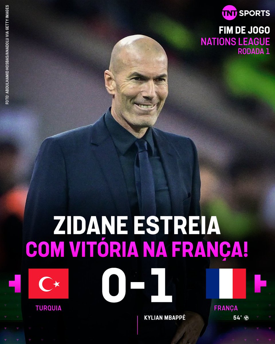 TNTSportsBR's tweet photo. PODE SORRIR, ZIDANE! A FRANÇA VENCE A TURQUIA NA ESTREIA DO NOVO TÉCNICO! ✅🇫🇷 A seleção francesa dominou no primeiro tempo, mas foi na etapa final que Mbappé fez o gol da vitória. #MFM #NationsLeague https://t.co/D9IgPnWFQu