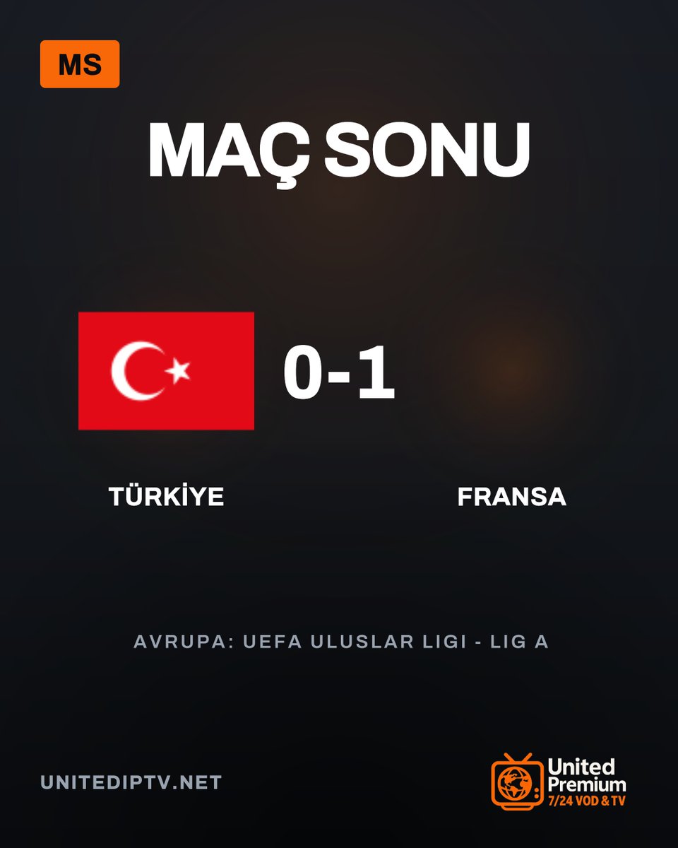 unitediptvnet's tweet photo. MAÇ BİTTİ! ⏹️
Türkiye - Fransa karşılaşması 0-1 sona erdi.
🏆 UEFA Uluslar Ligi - Lig A
#BizimÇocuklar #Fransa #UluslarLigi https://t.co/6NLjUbJnzw