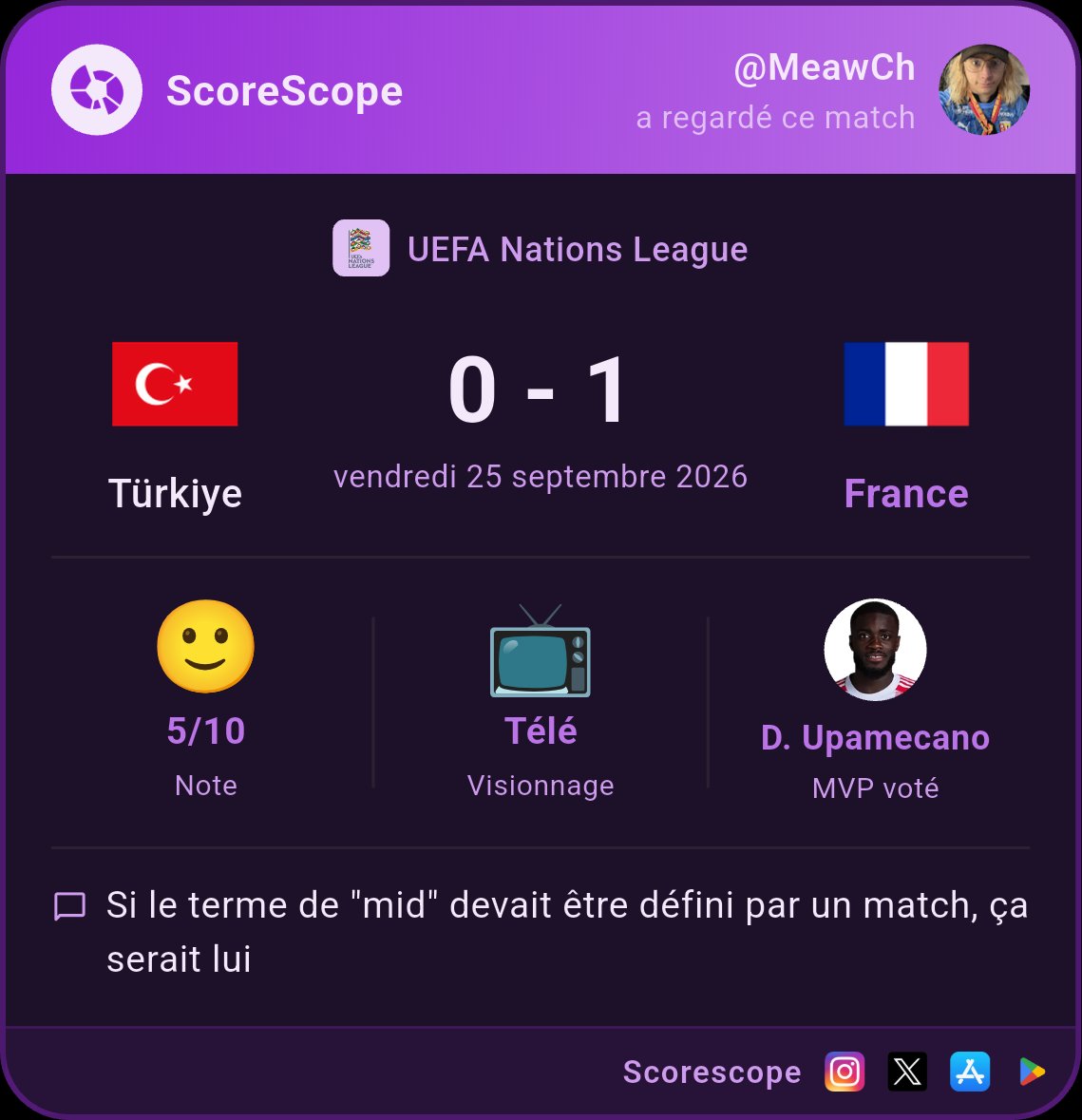 MeawchLaMirana's tweet photo. J'ai noté Türkiye - France sur @ScoreScopeApp ! https://t.co/nXsdgJn6LS