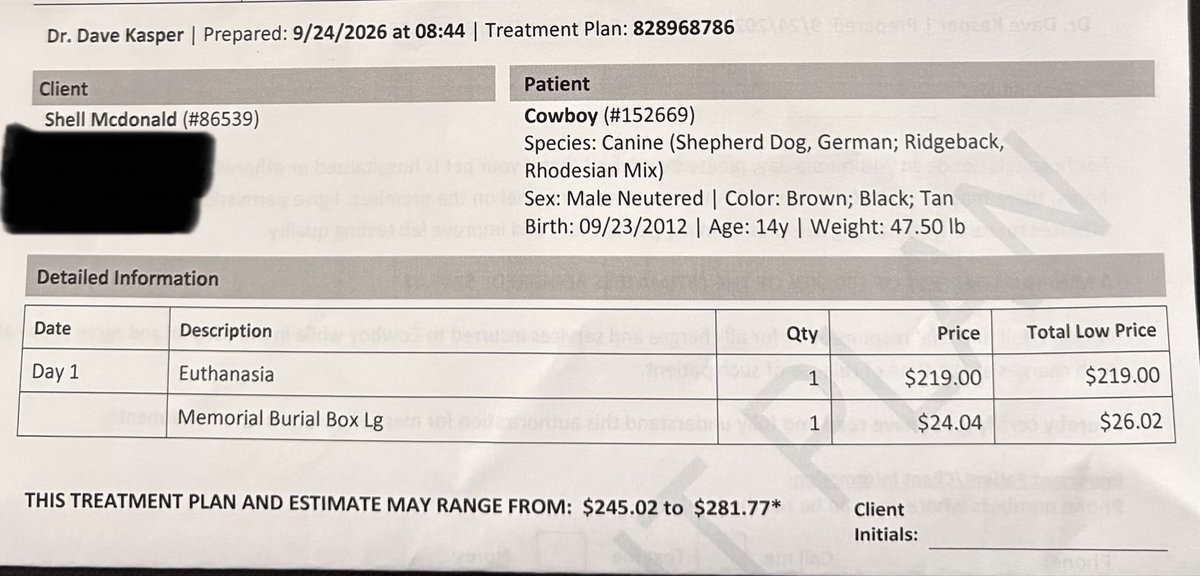 mcdonald_shell's tweet photo. That’s from the vet hospital yest. If we were to use them, who are amazing doctors and staff, after that they use a 3rd party for the cremation and urn(which are sep costs) and that is over dbl the price of the euthanasia alone. Had to delete and edit add out. https://t.co/m8i9CLxELD