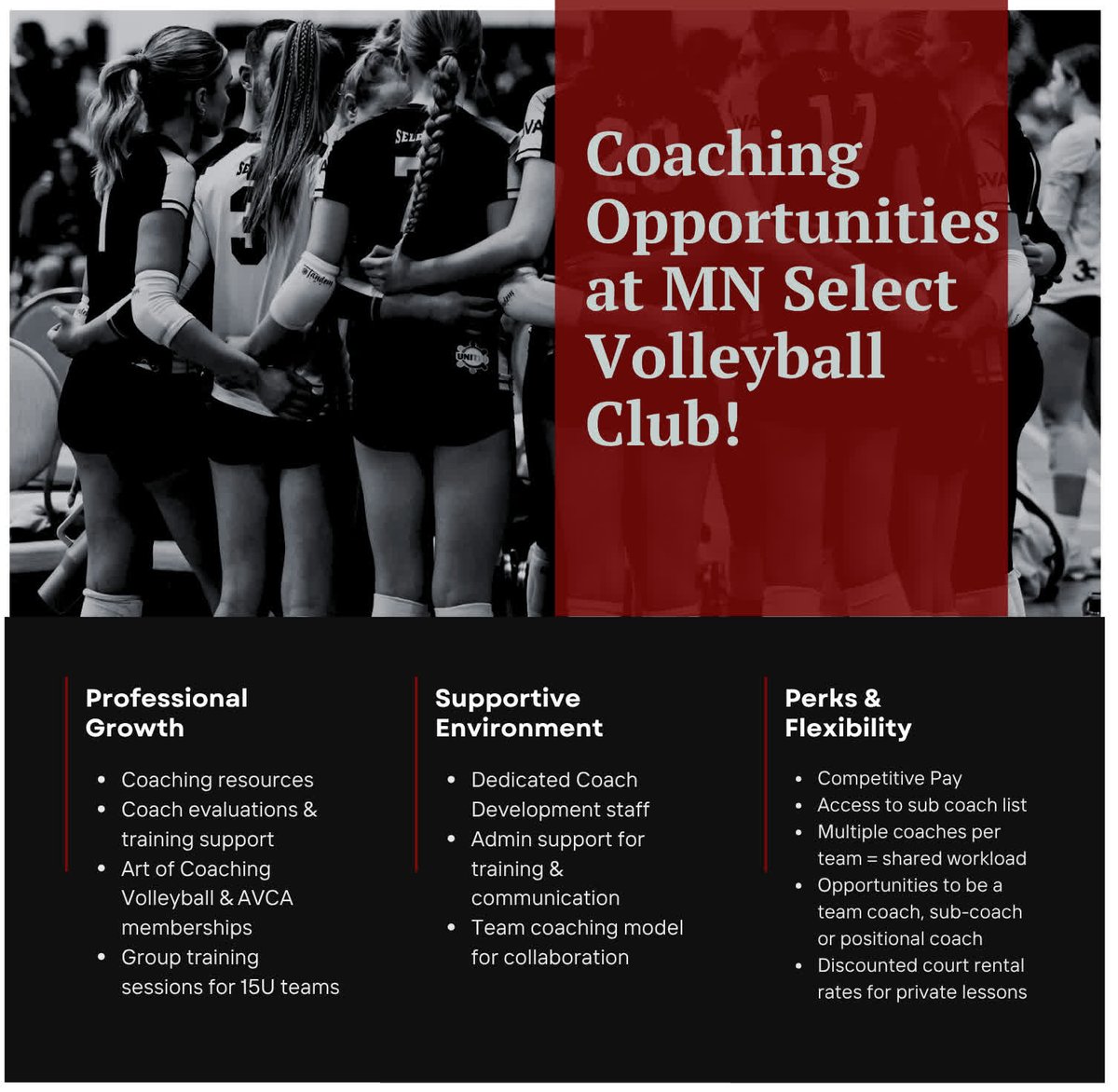 MNSelect's tweet photo. Come coach with us at MN Select! MN Select offers professional growth through coaching resources, evaluations, training programs, Art of Coaching Volleyball and AVCA memberships, and group training for 15U teams. Coaches benefit from a supportive enviro... https://t.co/aGZcIi3lfH https://t.co/DFxYtPLxXd