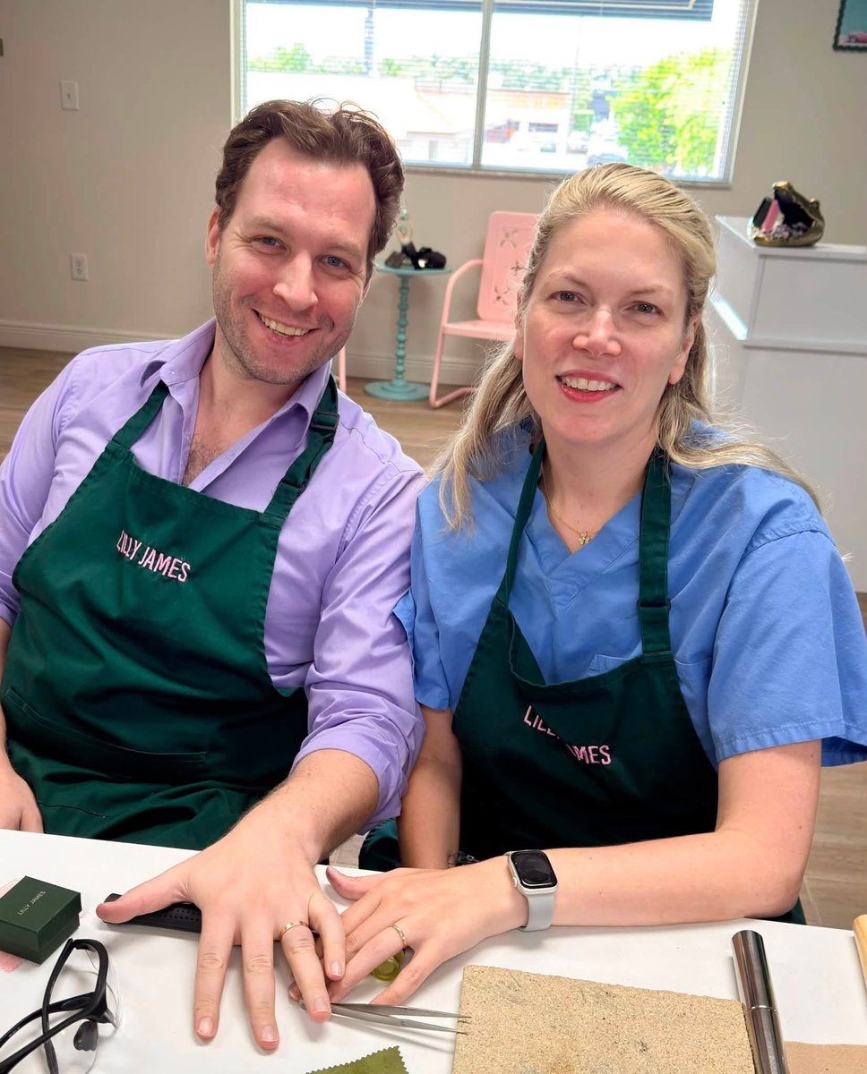 LillyJamesX's tweet photo. This beautiful Doctor first came to Lilly James on our opening day with a group of coworkers, and we were so happy to welcome her back for a second visit with her fiancé for something extra special.

This time, they came to make their wedding bands for each other. Each ring was shaped, soldered, finished, and made by the person they’re about to marry which makes them so much more meaningful than anything they could have picked out of a case.

And we have to give a little shoutout too: her and her team at Florida Surgical Clinic was awarded Bradenton’s Best this year! 👏✨

We love when guests come back, but getting to be part of a moment this special makes it even better. Congratulations! 🩷💚 Jenna Caporaso