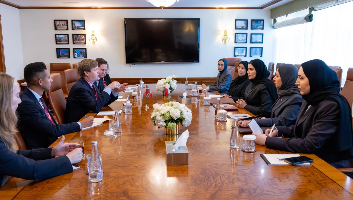 MofaQatar_EN's tweet photo. Qatar and Norway Discuss Cooperation on Development and Humanitarian Action

New York, September 25, 2026

HE Minister of State for International Cooperation Dr Maryam bint Ali Al Misnad met with HE Minister of International Development of the Kingdom of Norway Asmund Aukrust.

The meeting took place on Friday on the sidelines of the 81st session of the United Nations General Assembly.
The two sides discussed bilateral cooperation and ways to strengthen their partnership in sustainable development and humanitarian action.

They also took stock of a number of issues of mutual interest.

#MOFAQatar