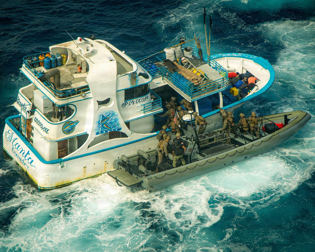 USMarineCorps's tweet photo. Marines search and seize a vessel of interest as part of Joint Task Force Western Hemisphere to disrupt illicit drug trafficking, deter malign actors, and protect our Nation. The vessel was boarded and cleared before being destroyed. https://t.co/kGjfiS9t8T