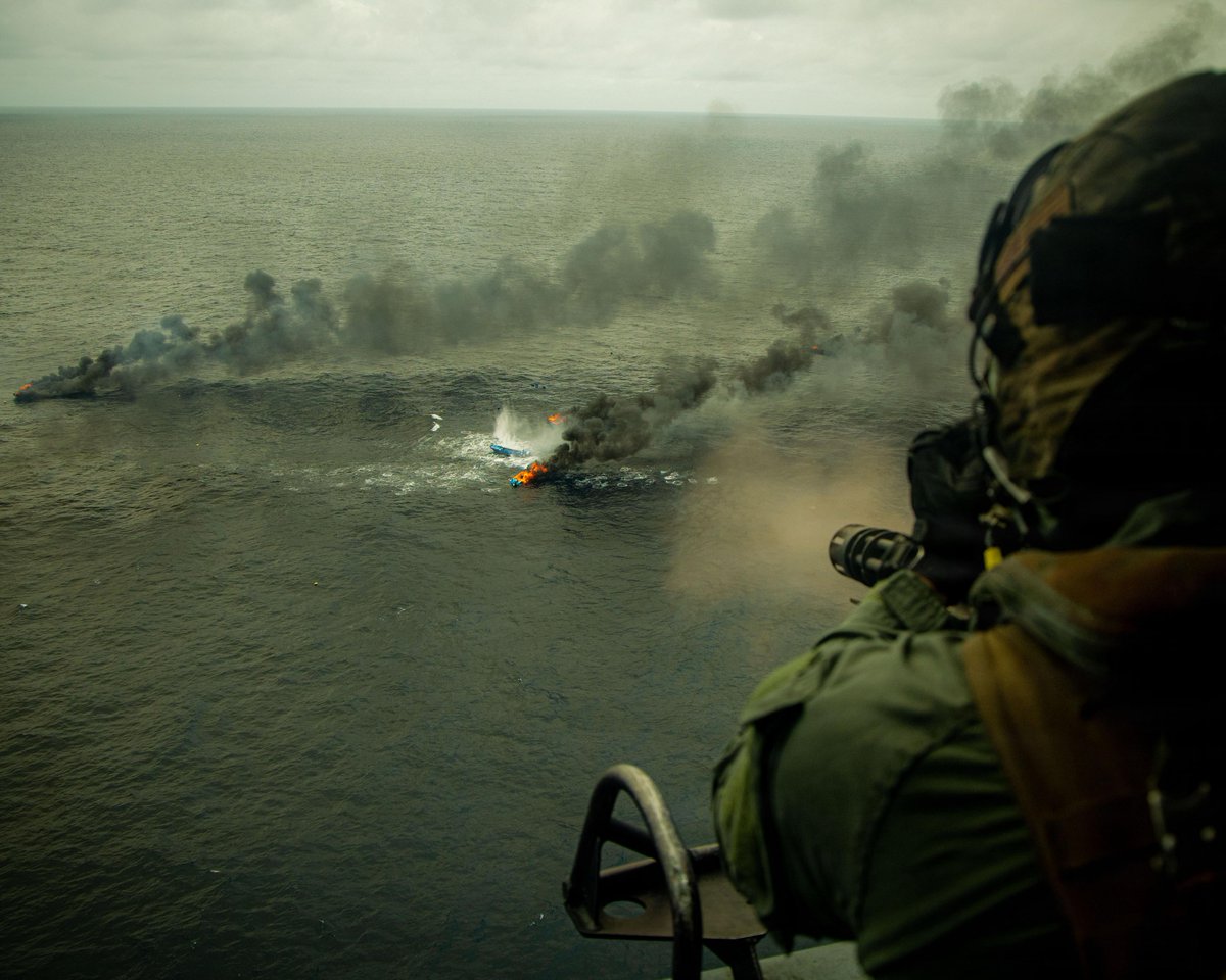 USMarineCorps's tweet photo. Marines search and seize a vessel of interest as part of Joint Task Force Western Hemisphere to disrupt illicit drug trafficking, deter malign actors, and protect our Nation. The vessel was boarded and cleared before being destroyed. https://t.co/kGjfiS9t8T