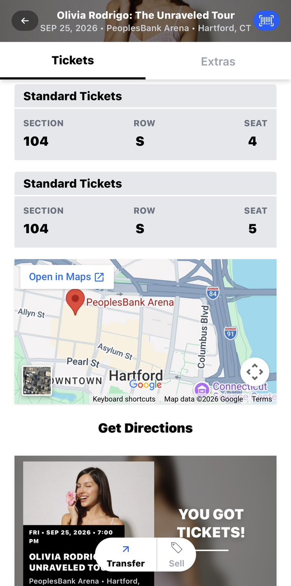 angiemoniii's tweet photo. Hello, #WTS my 2x tickets available for Olivia Rodrigo: The Unraveled Tour in Hartford 😭

PeoplesBank Arena • Hartford, CT

Fri, Sep 25, 2026, 7:00pm

Going For FACE VALUE
Send me a DM if you're interested!

🏷️ Olivia Rodrigo: The Unraveled Tour Hartford iso wtb wtt wts tickets https://t.co/wHquKjJLvm