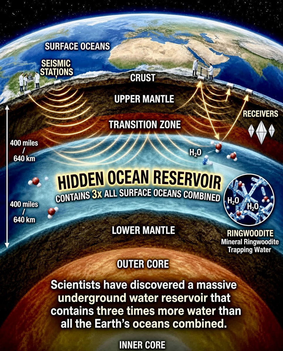 BrightInsight6's tweet photo. Many dismiss the Noah’s Ark story, claiming there’s not enough water on Earth for a Great Flood 🌊

Well, these details will blow some minds:

1) Earths Mantle has 3X MORE water (frozen) inside it than ALL our oceans COMBINED 🤯
2) Everyone focuses on “it rained for 40 days and nights” mentioned in Genesis 7:12, but often overlook the verse immediately prior:

“…all the underground waters erupted from the earth, and the floodgates of the heavens were opened” - Genesis 7:11

So let me get this right: There is 3X MORE water inside the Mantle than ALL of our oceans combined, and Genesis 7:11 specifically states that the Great flood was a result of it. Whoa.

First of all, HOW could they have possibly known that when modern Scientists didn’t establish this fact until just 12 years ago in 2014!?

📍Now this is where the possibilities get wild. What could possibly cause the water from inside the earth to come to the surface?

I think we should consider the potential devastating physical effects of a POLE SHIFT.
You see, because of centrifugal force, the earth is approx 27 miles wider at the equator. So, perhaps when the earth goes through another Shift, the new equator will force the movement of that water inside the earth as well, subsequently thawing and expelling the water to earths surface? 🤔

To be clear, Scientists disagree with all of this, just as they do with a possible great flood. But the fact Genesis describes the springs of the earth bursting open, and connecting with the fact that we now know there is 3X more water inside the earth than on the surface, should make us question what all could be possible…