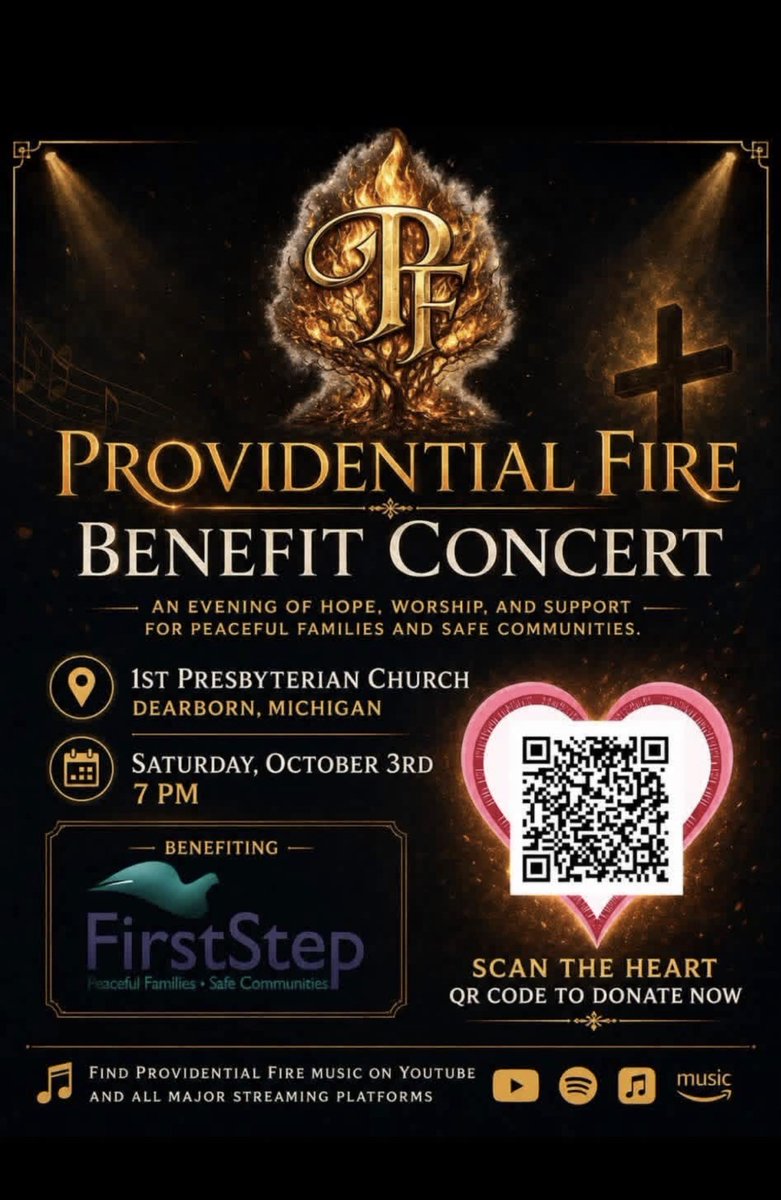 FirstStepPeace1's tweet photo. Join Providential Fire at The First Presbyterian Church of Dearborn for a special benefit concert raising awareness and support for First Step! 
📅 Date: Saturday, 10/03/2026
🕒 Time: 7:00PM
📍 Location First Presbyterian Church of Dearborn
🎟 FREE ADMISSION donations appreciated https://t.co/ISo6ZVCj66