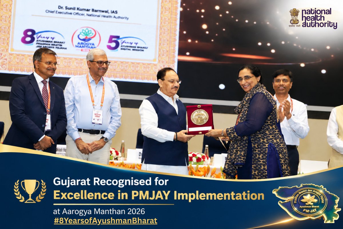 shapmjayma's tweet photo. 🏆#Gujarat shines nationally!
At #AarogyaManthan2026, Gujarat received recognition for outstanding performance in Inter-State Portability Claims under #ABPMJAY
Enabling beneficiaries to access #CashlessTreatment across state borders.
#PMJAY #PMJAYMA
@AyushmanNHA @JPNadda @CMOGuj https://t.co/ZmPl3lDN4h