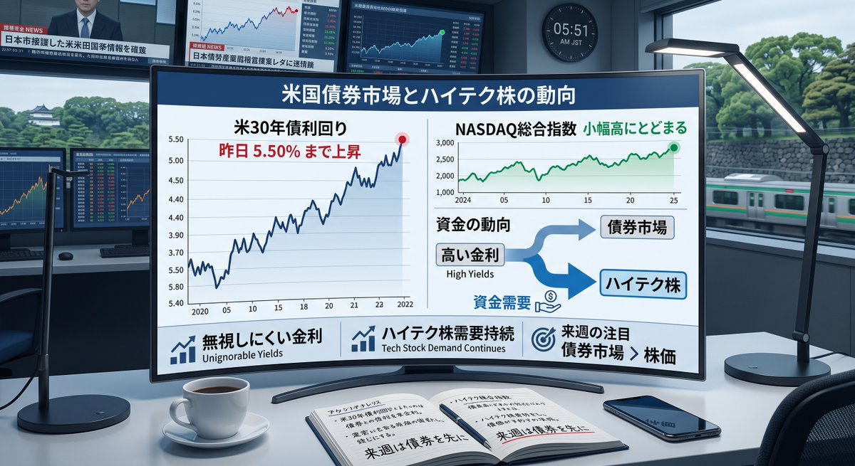 eringeorgeee's tweet photo. 株式市場を見る時、最近は「金利」を無視しにくい。

米30年債利回りは昨日5.50%まで上昇。
一方でNASDAQは小幅高にとどまった。
つまり、高い金利を抱えながらもハイテク株への資金需要はまだ残っている。

来週は株価そのものより、債券市場の動きを先に見る。 https://t.co/0NdWZCUjoW