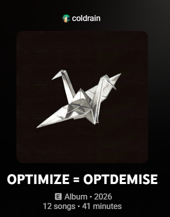 YokaiCasts's tweet photo. Finally got around to listening to this... GOD FUCKING DAMN they cooked. The singles were insane, but the album onlys... FUCK.
I think I have my album of the year. Favourites are probably "Sing", "SAVIOR" and "Picture Perfect Hell"
Koie too? Yes please.
#Coldrain #OPOP https://t.co/up8g3Gg1ns