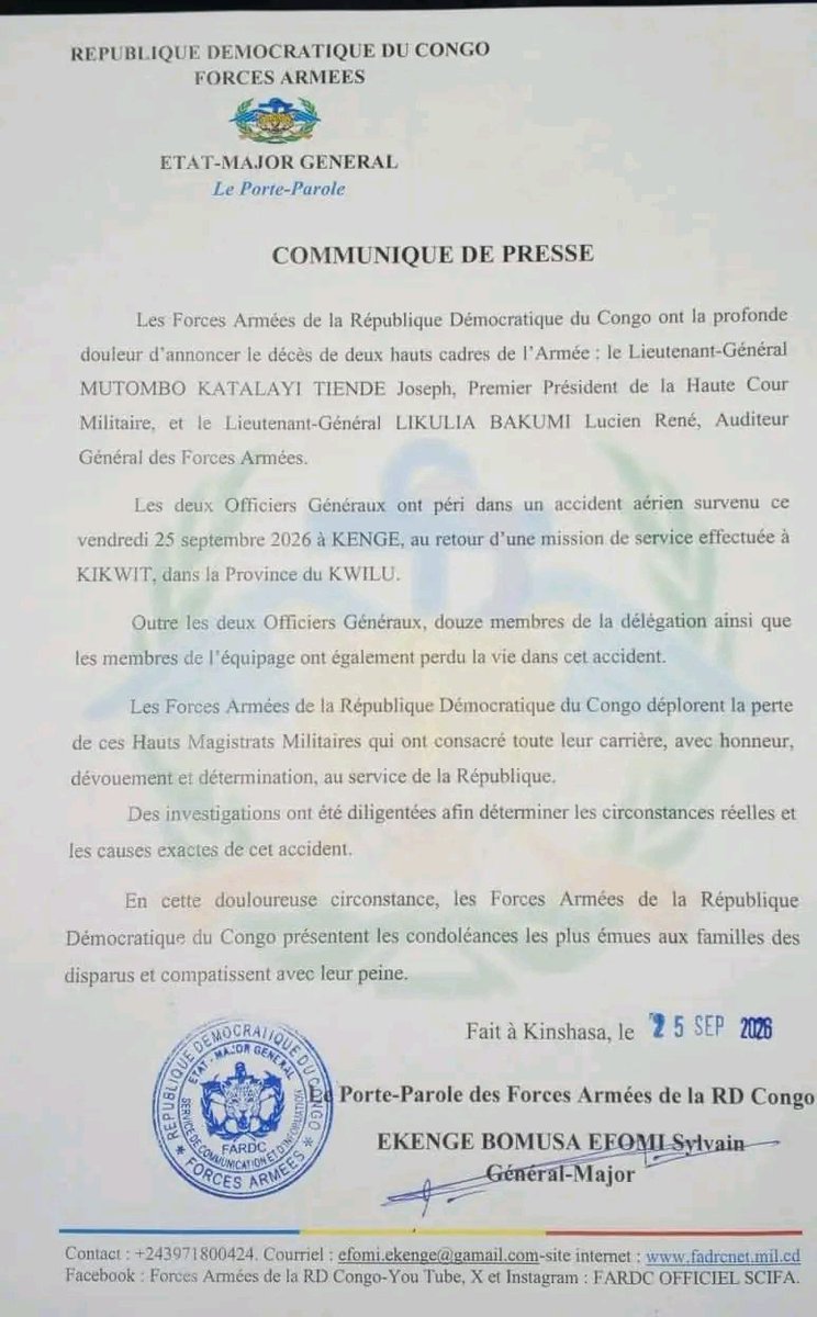 LestandardN's tweet photo. #Triste😭😭😭😭
L'État major général confirme les décès de deux généraux. 
Paix à leurs âmes !!! https://t.co/wl2aesYzDZ