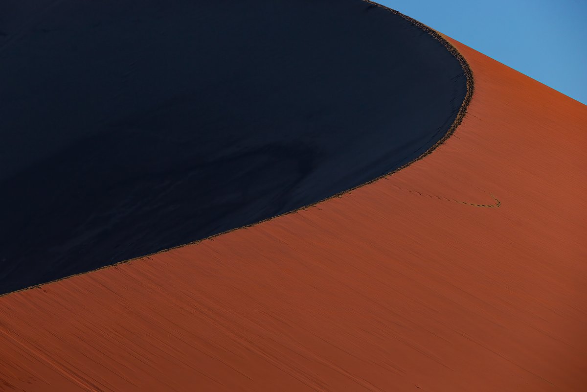 DanStrangsm3c2's tweet photo. The Edge of Light

An animal crossed this slope overnight, leaving a delicate arc of tracks in the sand—the only mark on a dune polished clean by wind. At sunrise, the Namib split in two: fire and shadow. Sossusvlei, Namibia. June 2026. https://t.co/KaQfeR5tp3