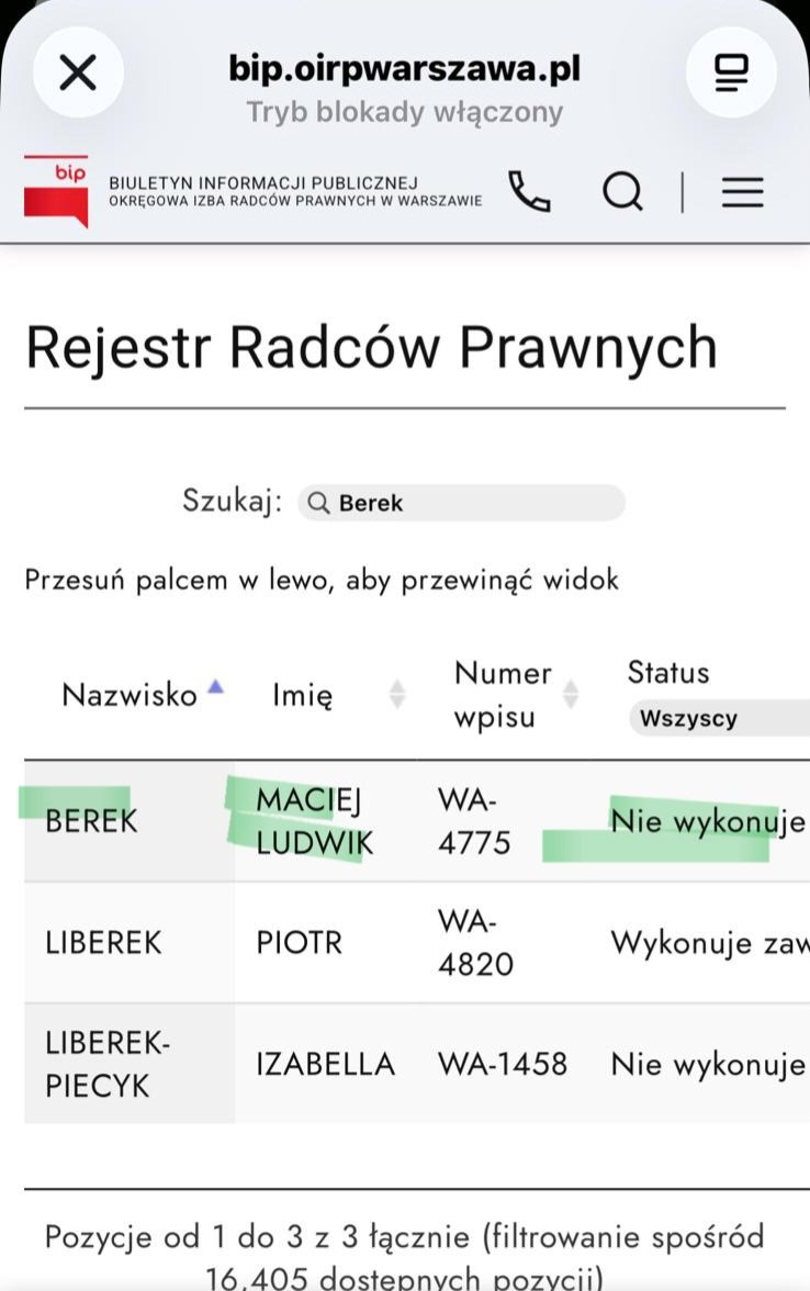 PRAWNICYdlaPOL's tweet photo. 💥 ... a jednak @MaciejBerek nie spełnia wymagań formalnych do objęcia urzędu sędziego @TK_GOV_PL❗️

Cokolwiek by nie wynikało z zaświadczenia Dziekana Okręgowej Izby Radców Prawnych w Warszawie z 3 września 2026 roku - a wynika jedynie fakt dokonania zgłoszenia wykonywania zawodu radcy prawnego przez @MaciejBerek - to w filtrze wyszukiwarki w Rejestrze Radców Prawnych wynik jest jednoznaczny: nie wykonuje zawodu ⤵️