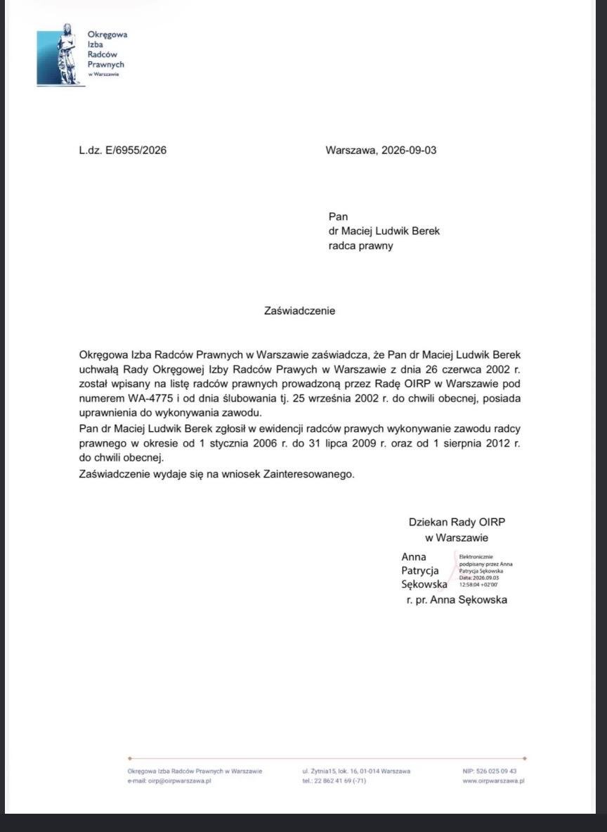PRAWNICYdlaPOL's tweet photo. 💥 ... a jednak @MaciejBerek nie spełnia wymagań formalnych do objęcia urzędu sędziego @TK_GOV_PL❗️

Cokolwiek by nie wynikało z zaświadczenia Dziekana Okręgowej Izby Radców Prawnych w Warszawie z 3 września 2026 roku - a wynika jedynie fakt dokonania zgłoszenia wykonywania zawodu radcy prawnego przez @MaciejBerek - to w filtrze wyszukiwarki w Rejestrze Radców Prawnych wynik jest jednoznaczny: nie wykonuje zawodu ⤵️